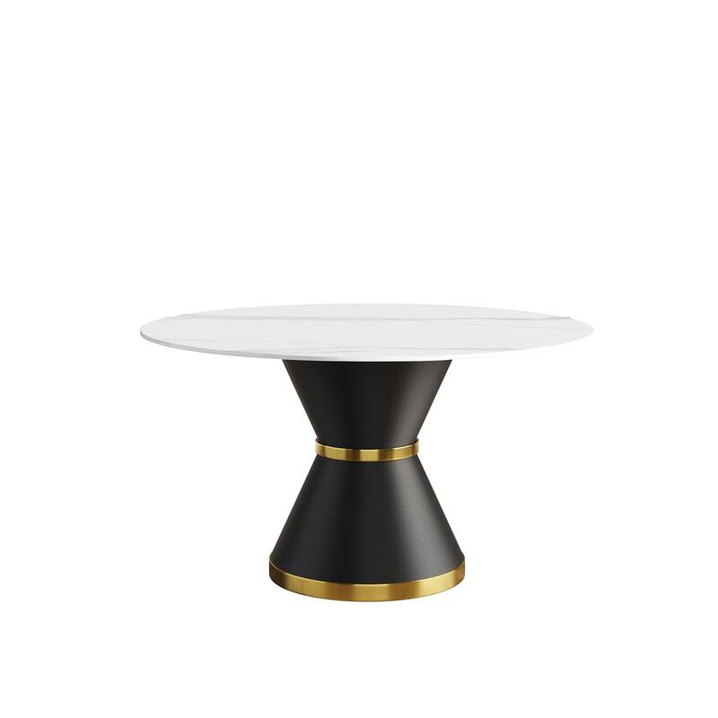 53" Modern Round Marble Dining Table for 6, with Round PU Leather Finish Metal Pedestal