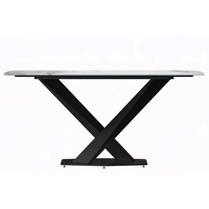 Voren Dining Table with Stone or Glass Tabletop in Black Steel Base