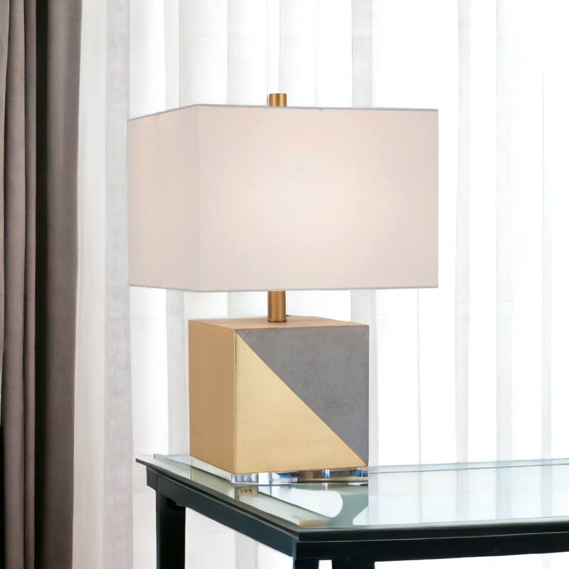 18'' Modern Industrial Concrete Table Lamp in Gray & Gold – White Rectangular Shade - 12" x 12" x 18"