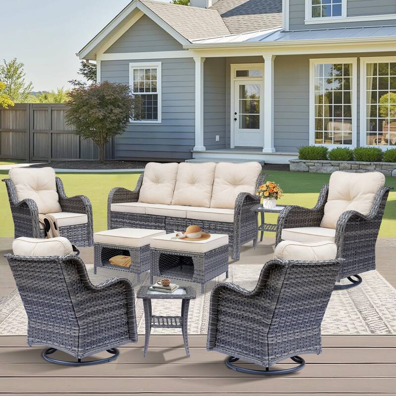Gray Rattan Outdoor Patio Conversation Sets with Swivel Rocker Chairs - 9 Piece - Beige