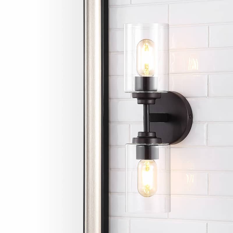 Giles 16" 2-Light Farmhouse Industrial Iron Cylinder LED Sconce, Oil Rubbed Bronze/Clear by JONATHAN Y - One - Oil Rubbed Bronze
