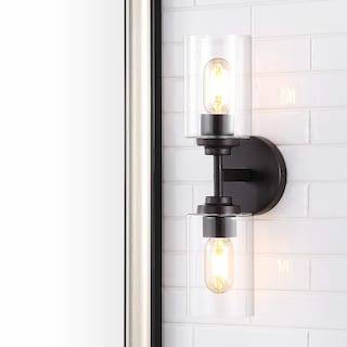 Giles 16" 2-Light Farmhouse Industrial Iron Cylinder LED Sconce, Oil Rubbed Bronze/Clear by JONATHAN Y