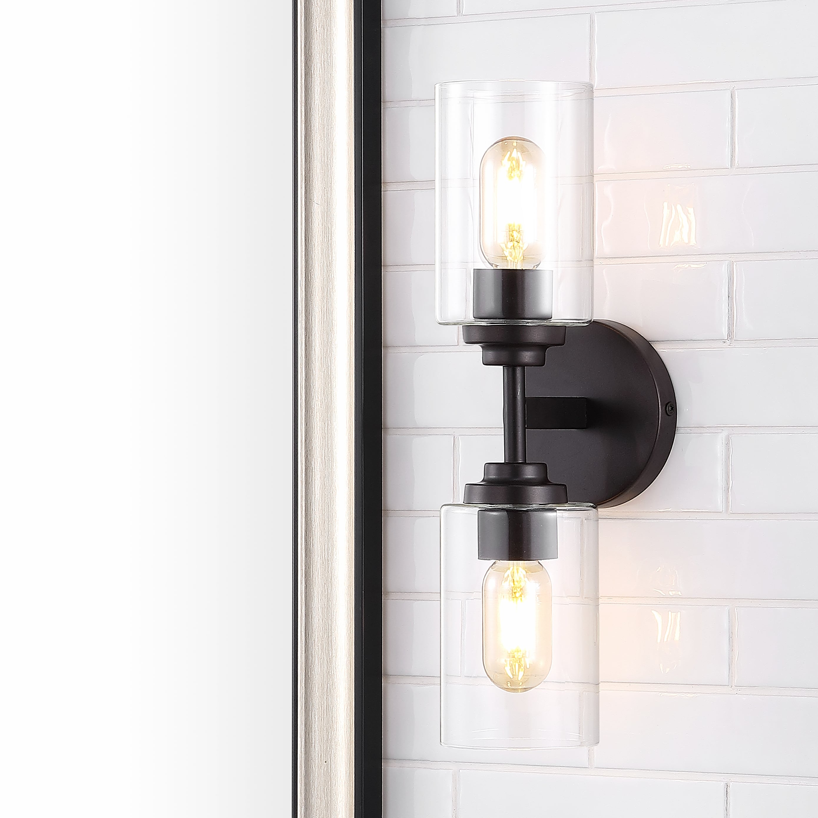 JONATHAN Y Giles 16" 2-Light Farmhouse Industrial Iron Cylinder LED Sconce, Oil Rubbed Bronze/Clear - One