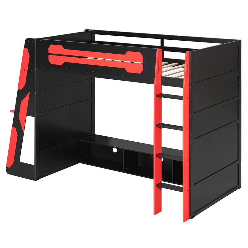 Esports Twin Loft Bed with Desk, Multi-storage Shelves and Light Strip