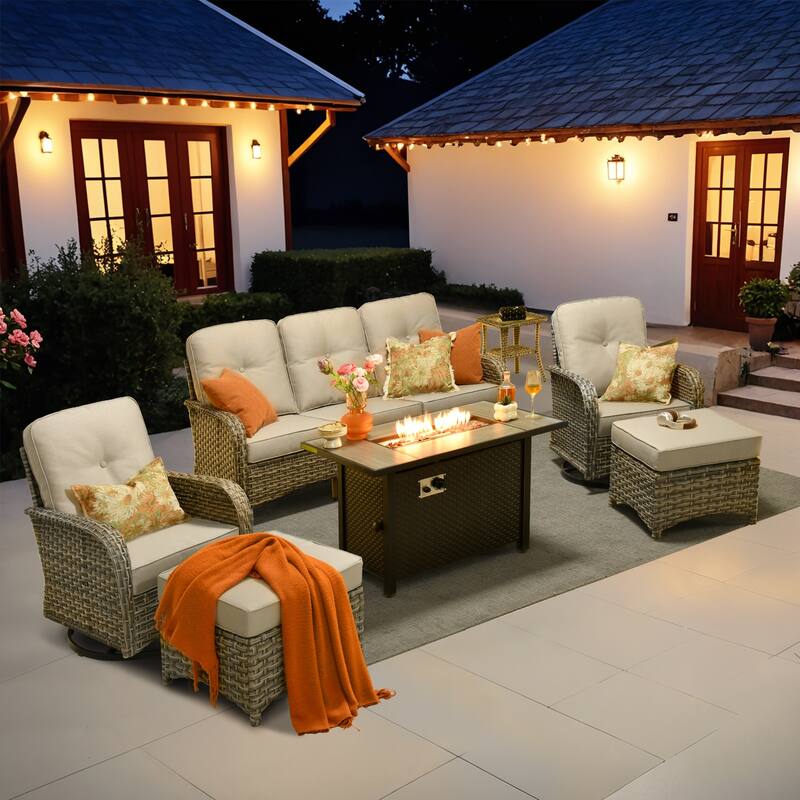 OVIOS 7-piece Patio Wicker Conversation Furniture Set With Fire Pit - Beige