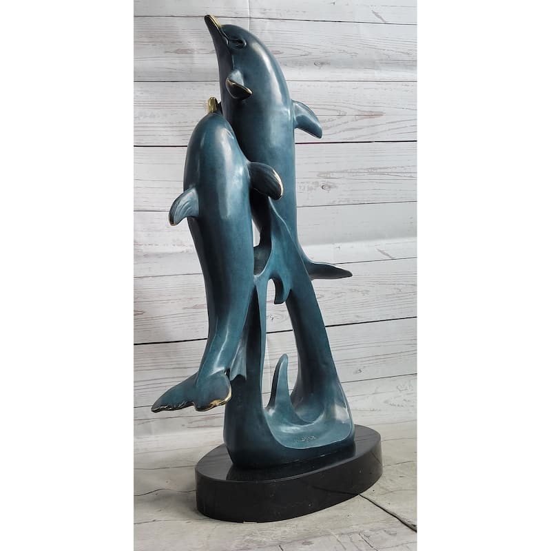 Hot Cast Bronze Leaping Imitative Dolphins Marine Life Sculpture Statue Decor Original Art