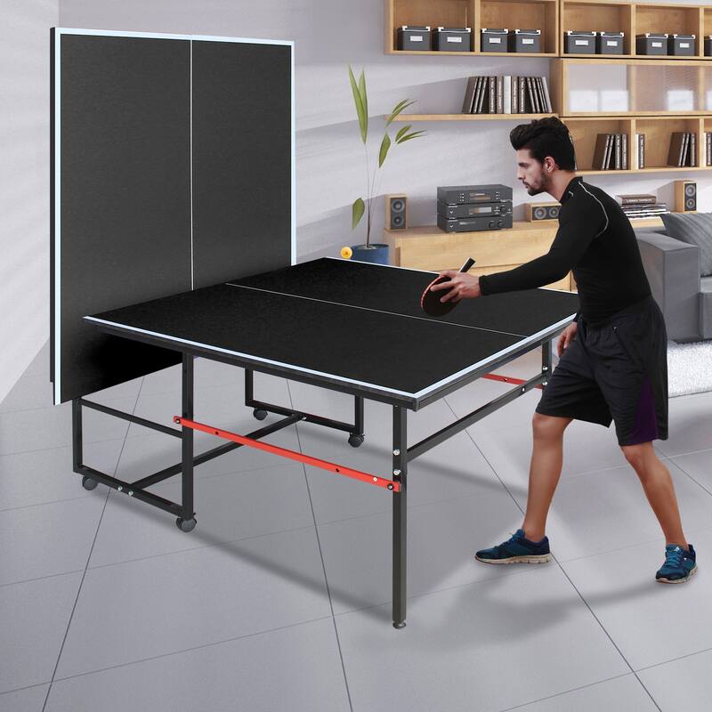 8ft Black Mid-Size Table Tennis Table Foldable & Portable Ping Pong Table Set with Net, 2 Table Tennis Paddles and 3 Balls