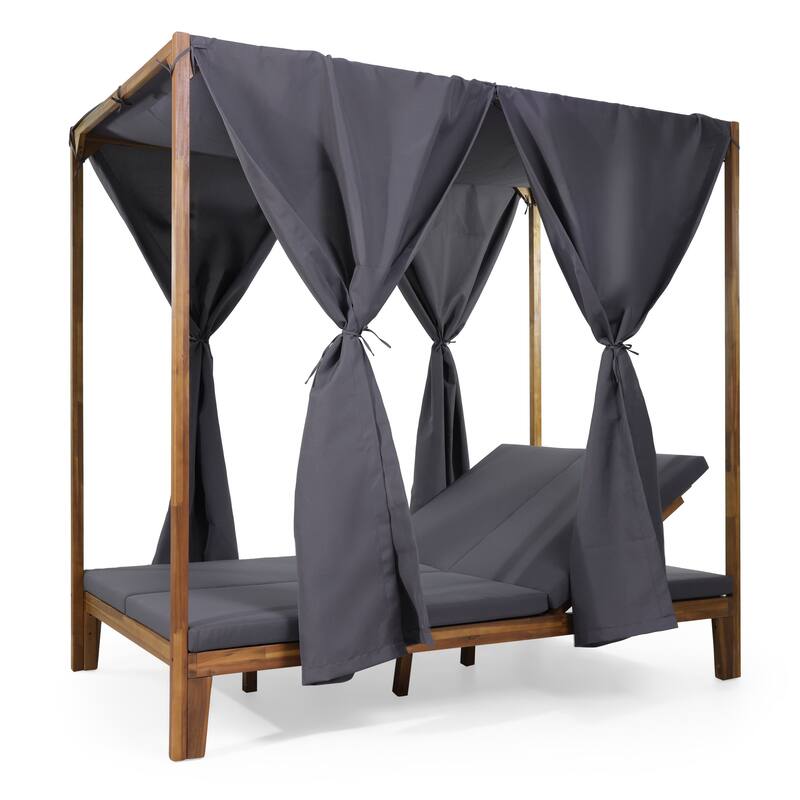 Kinzie Outdoor 2-seat Adjustable Acacia Daybed with Curtains by Christopher Knight Home - 51.25" L x 78.75" W x 78.75" H