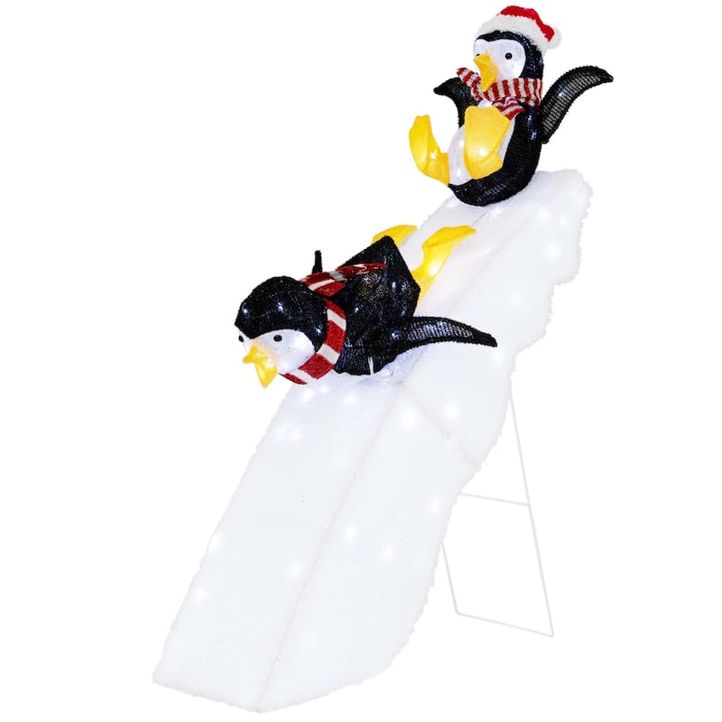 4FT Pre-Lit Christmas Penguin Ice Skating Decoration with Snowy Slide - Black+ White+ Yellow - Black+ White+ Yellow