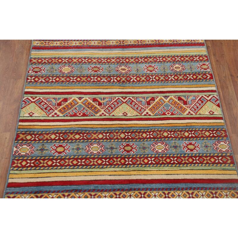Striped Kazak Oriental Accent Rug Handmade Wool Carpet - 4'2" x 6'0"