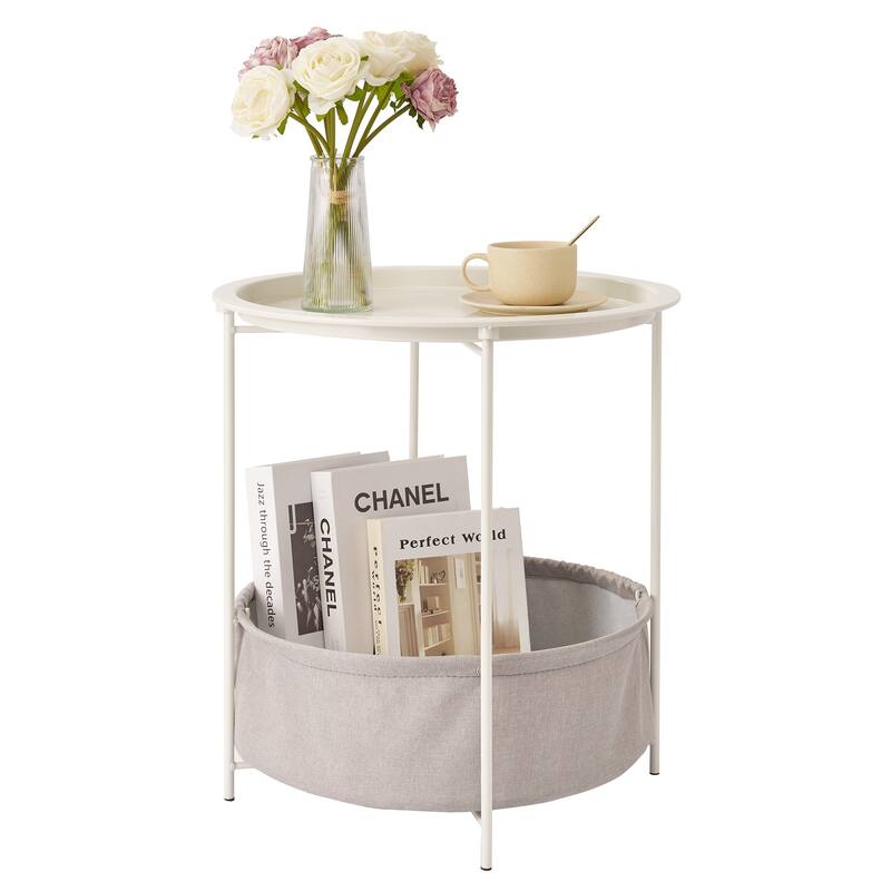 VECELO Small Round Side Table with Removable Tray & Fabric Storage Bin Easy 5-Min Assembly for Living Room Bedroom