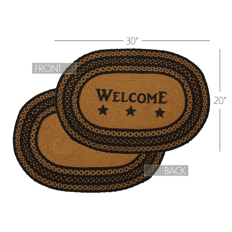 Farmhouse Jute Rug Oval Stencil Stars Welcome w/ Pad 20x30 - 20" x 30"