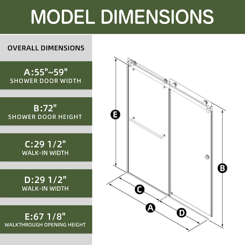 72" x 59" Frameless Double Sliding Shower Door, 8mm Easy-Clean Tempered Glass, 304 Stainless Hardware, Reversible