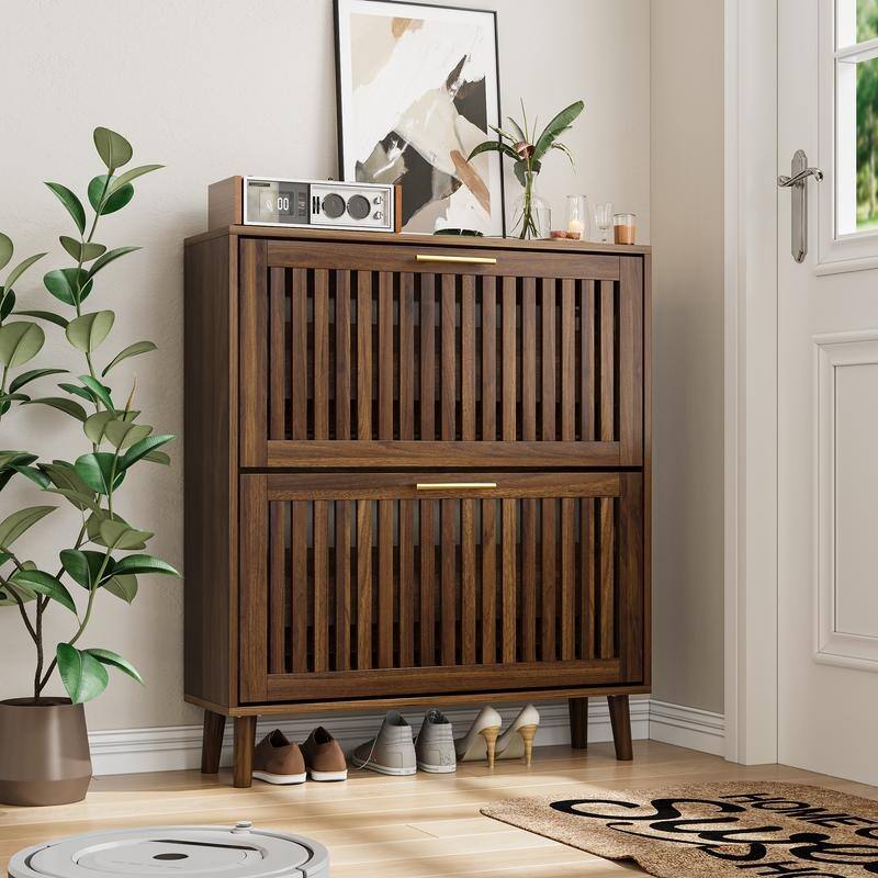 31.5"W Walnut Grille Striped Shoe Cabinet, 18 Pair Shoe Storage Cabinet W/2 Flip-Top Drawer - N/A