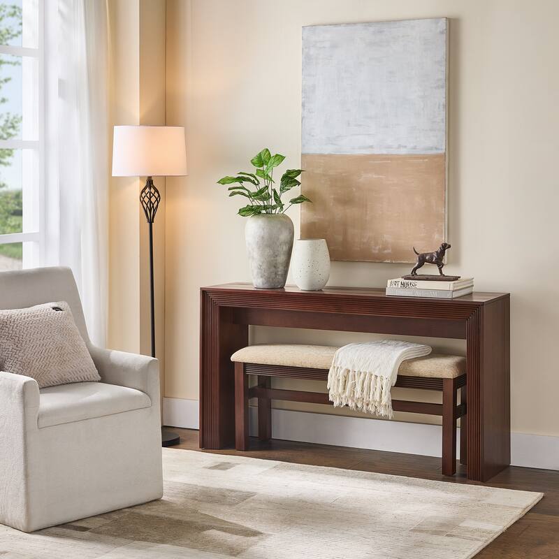 Fluted Counter Height Bar Table Set for 2, Dining Table with Fabric Upholstered Bar Stool with Solid Wood Legs