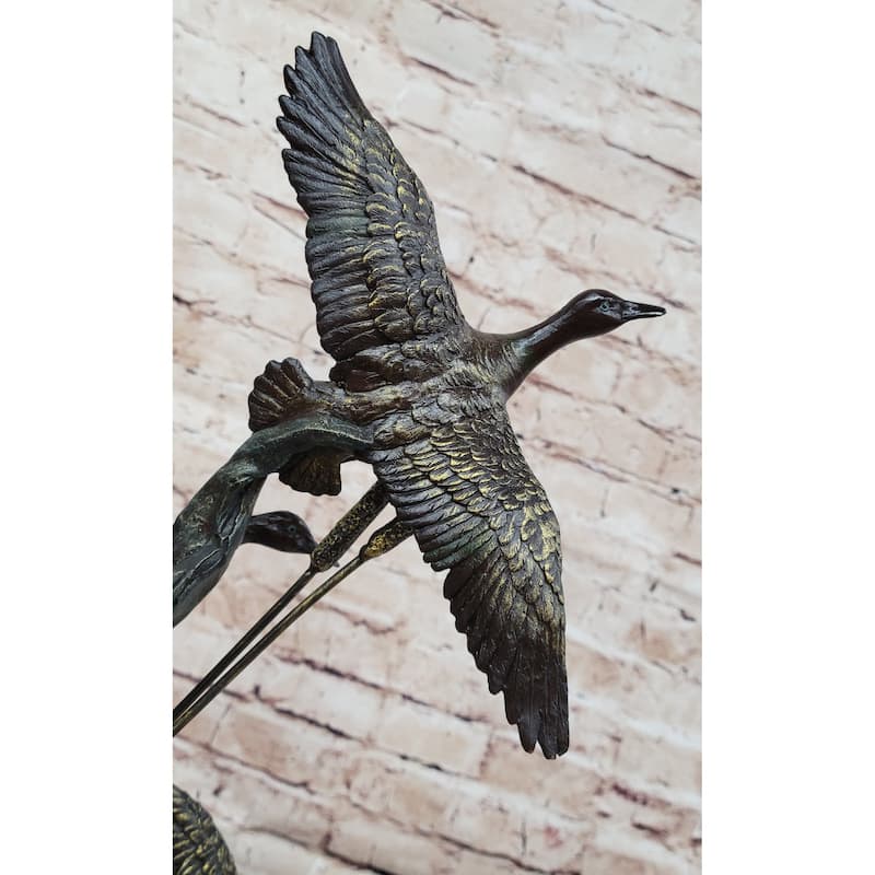 Three Ducks Geese Water Birds In Flight Among The Reeds Bronze Sculpture On Marble Base