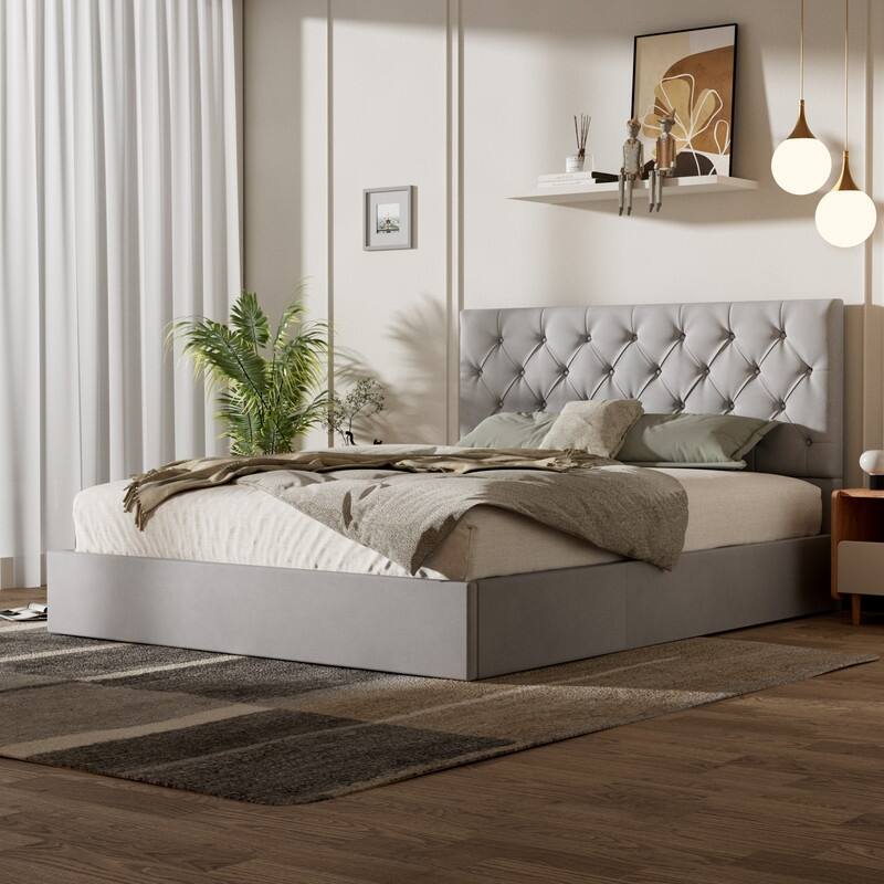 Plywood Frame Upholstered Platform Bed with Lift-up Storage Supported by Metal and Wooden Slats - Beige - Full
