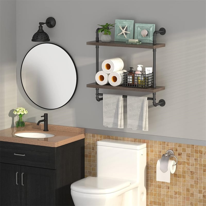 2 Tier Wood Floating Shelves Towel Rack - 7.87"D x 24"W x 25.6"H