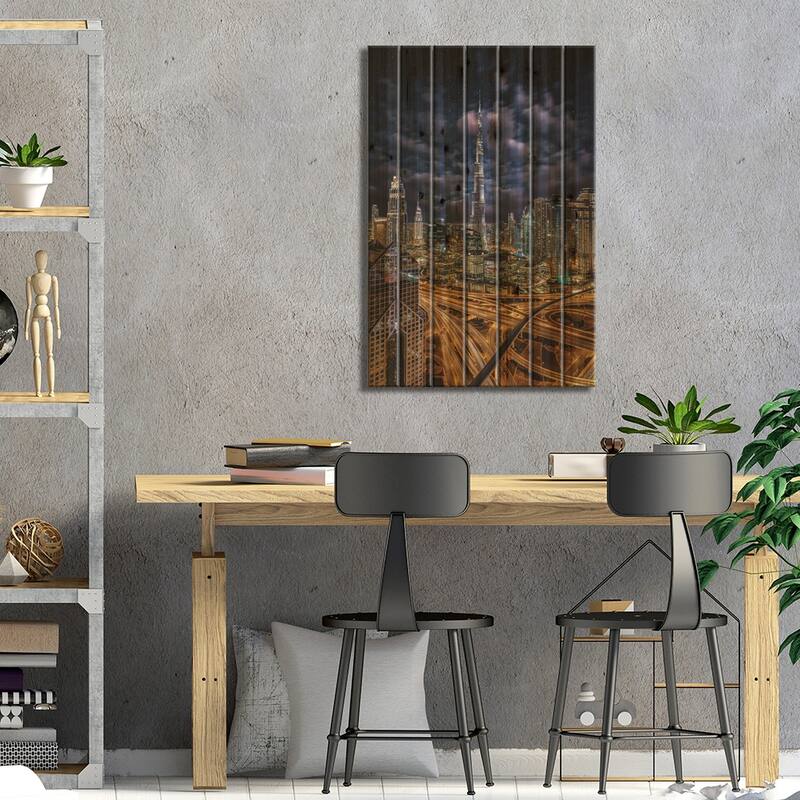 Dubai Burj Khalifa Cityscape Starry Night Print On Wood by Alex G Perez - Multi-Color