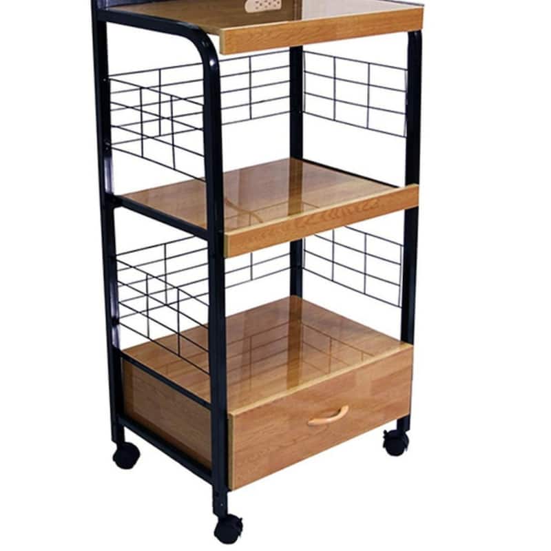 59.5" Tall 4-Tier Microwave Kitchen cart with Drawer and Outlet, Black and Natural