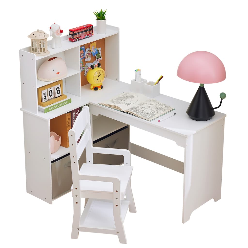 Kids Corner Desk and Chair Set – Study Table with Bookshelf, Cloth Drawer, and Bulletin Board, MDF Wood, for Ages 3–8