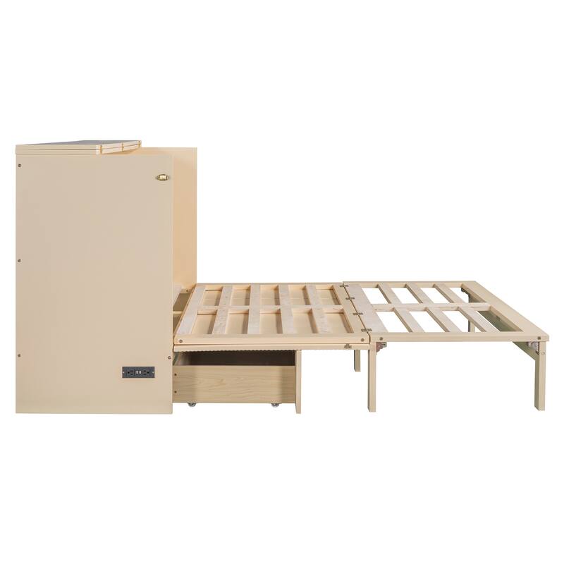 Full/Queen Size Murphy Bed Wall Bed with a Large Storage Drawer, Space Saving Murphy Cabinet Bed w/ a set of Sockets & USB Ports