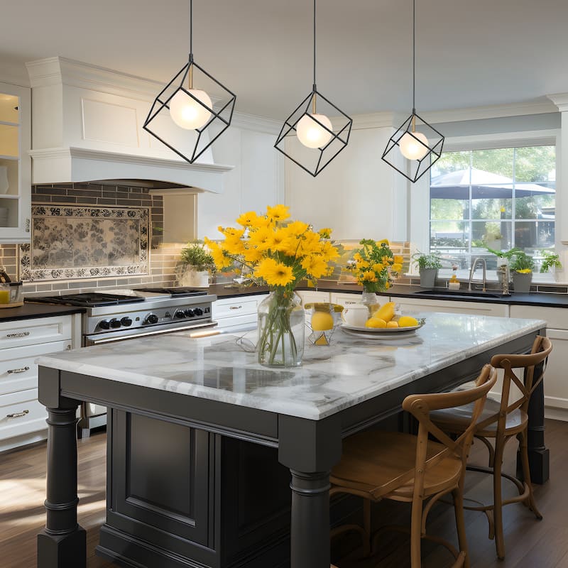 Modern Farmhouse 1-Light Black Gold Cage Kitchen Island Pendant Lights with Globe Frosted Glass - 11" L x 11" W x 14.5" H