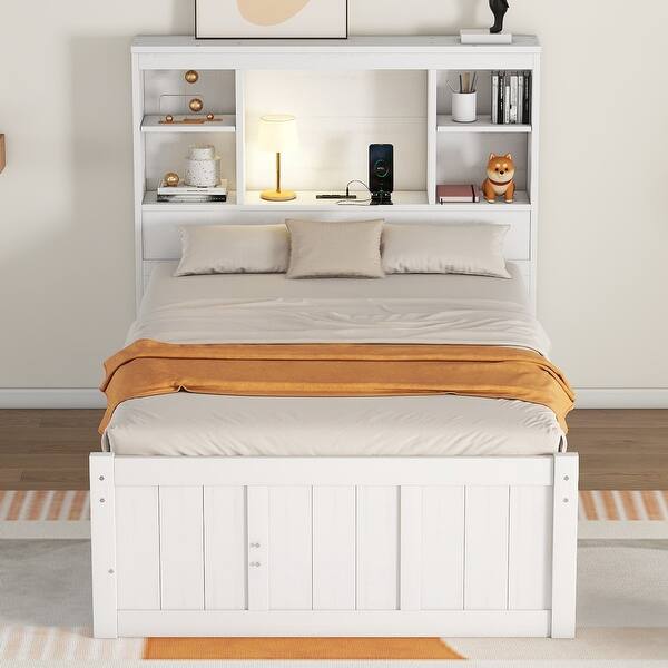 slide 2 of 9, QueenSize Hydraulic Platform Bed with Storage LED Headboard, Pine Wood Bed with Charging Station and 2 Drawers, White Modern White