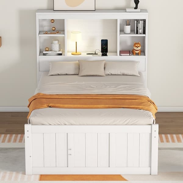slide 2 of 44, Wood Storage Platform Bed Frame with Twin Trundle & Charging Station