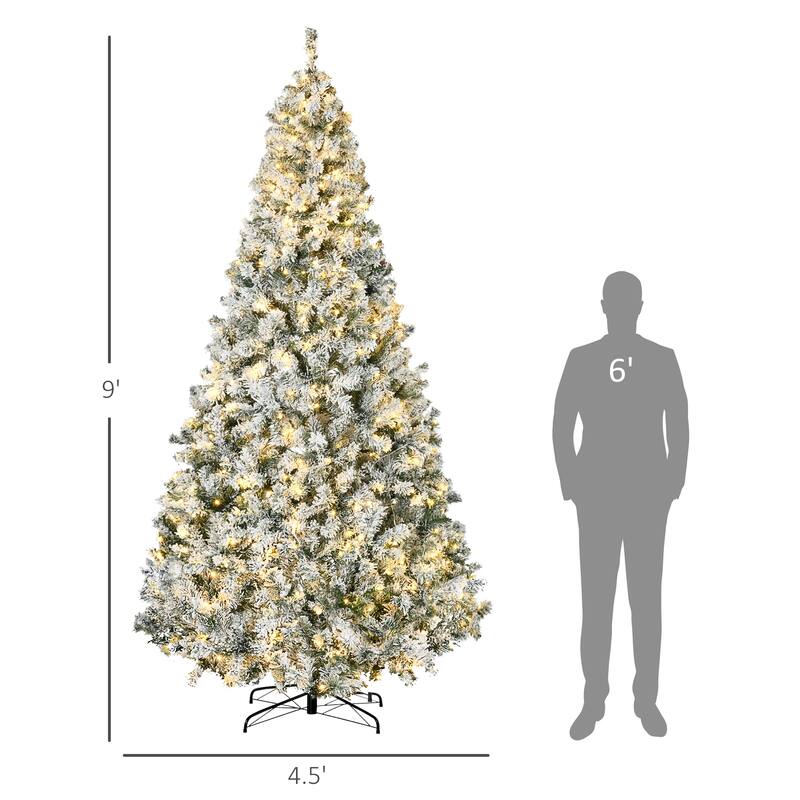 9ft Tall Prelit Artificial Christmas Tree Holiday Décor with 1868 Snow Flocked Branches, 600 Warm White LED Lights - Green