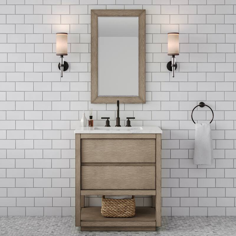 Oakman Carrara White Marble Countertop Bath Vanity in Grey Oak with Mirror
