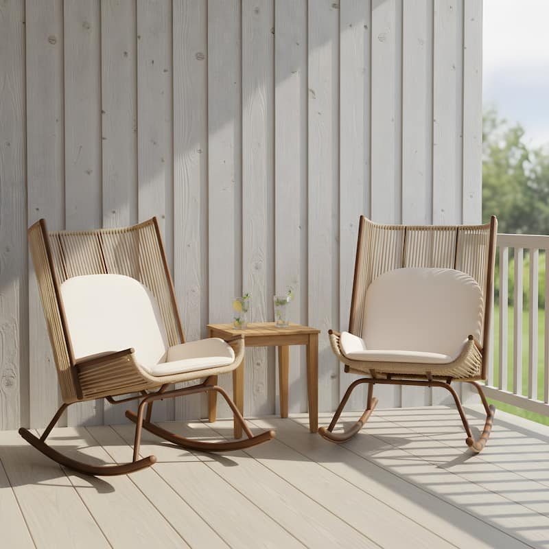 Christopher Knight Home - Set of 2 Outdoor Rocking Chair with PE Rattan and Wooden Side Table Set - Natural