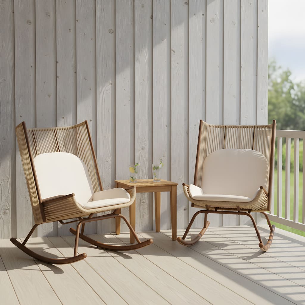 Christopher Knight Home - Set of 2 Outdoor Rocking Chair with PE Rattan and Wooden Side Table Set