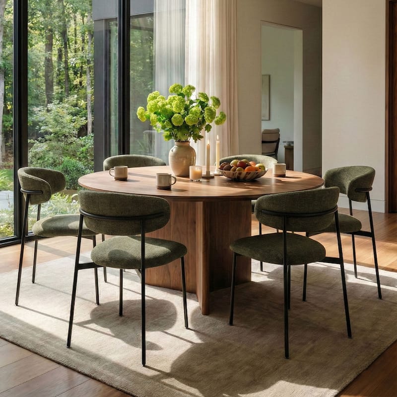 Modern Upholstered Dining Chairs with Curved Open Back and Black Metal Legs (Set of 6) - Green