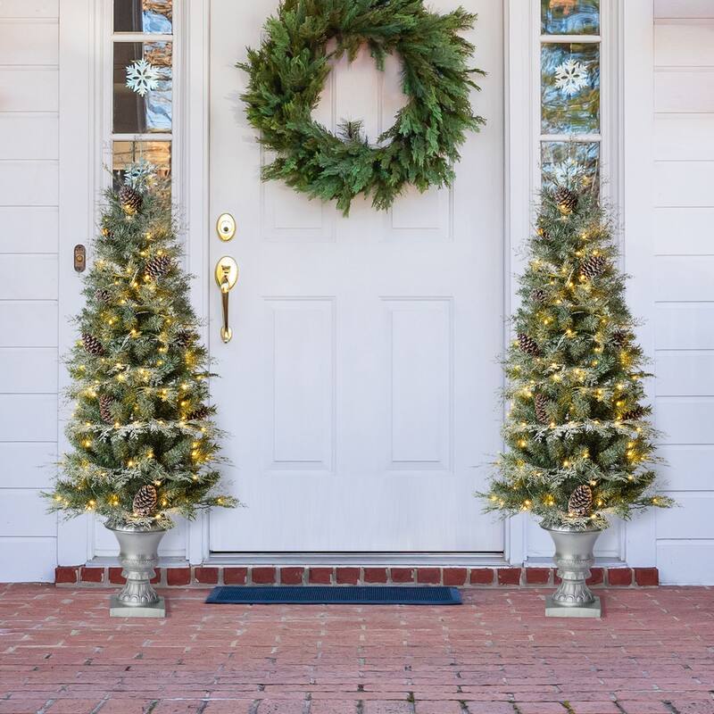 Glitzhome 4ft/5ft/6ft Flocked Pine Christmas Potted Porch Tree With Warm White Lights - 2PK 5FT Tree with Silver Pot