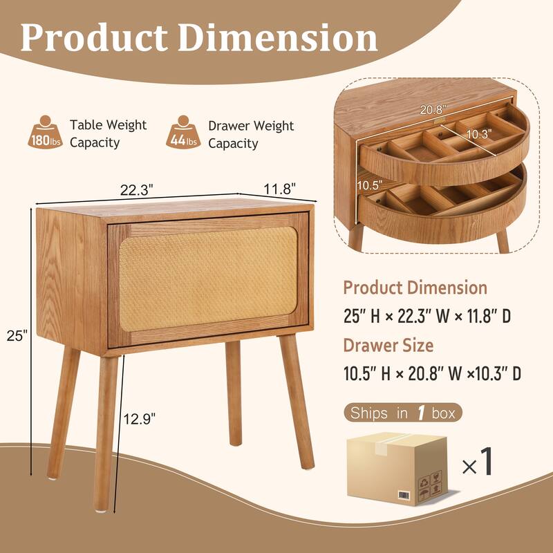 Rotating Hidden Compartment Nightstand for Bedroom, Mid Century Modern Rattan Bedside Table End Table with Wood Legs