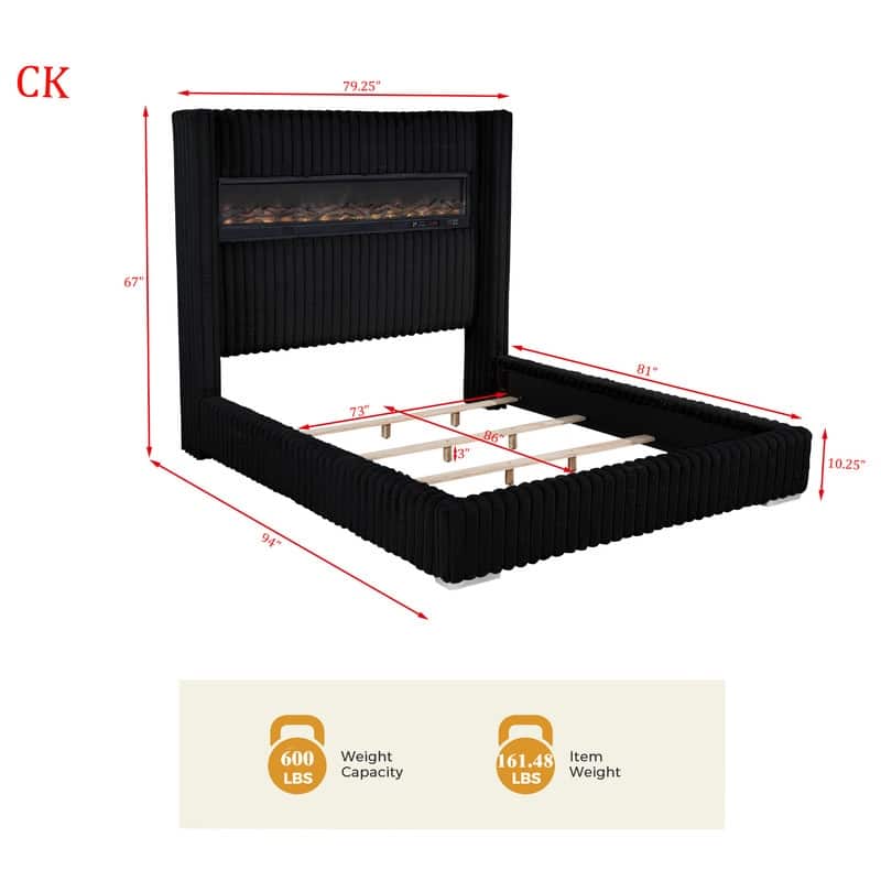 Best Master Furniture Noemie Luxe Modern Upholstered Velvet Panel Bed with Integrated Fireplace Display