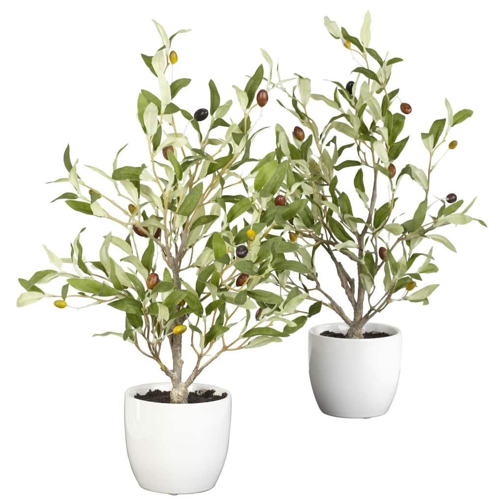 Olive Tree Set 18 Inch Silk Plants with Vase - Home Decor Indoor Artificial Tree (2 Pack) - 1.5ft.