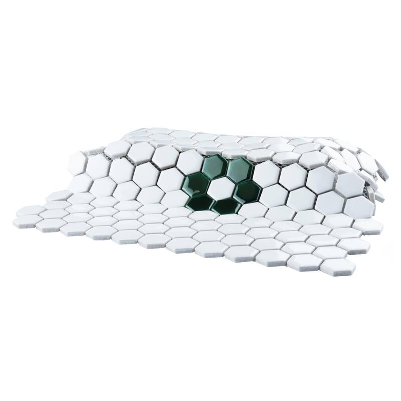 Merola Tile Metro Ion 1" Hex Emerald Single Flower w/ Glossy White 10-1/4" x 11-7/8" Porcelain Floor and Wall Tile