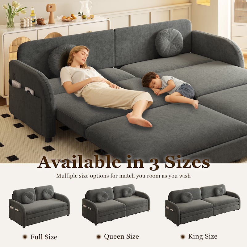 Homy Casa 3-in-1 Convertible Sleeper Sofa Bed, Pull-Out Couch w/ USB, Side Pocket & 4 Pillows, Chenille, 2/3/4-Seat
