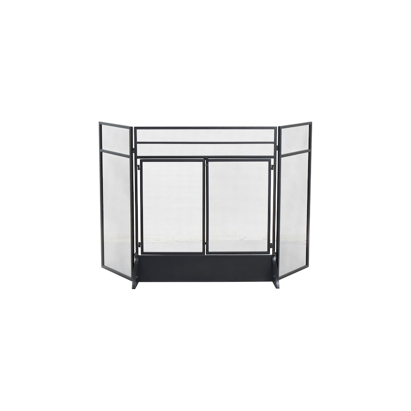 Metal Geometric 3 Panel and 2 Door Fireplace Screen with Mesh Backing - Black - Roche River Decor - 19"W x 27"L x 30"H