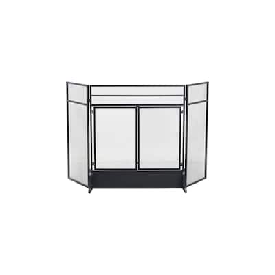 Metal Geometric 3 Panel and 2 Door Fireplace Screen with Mesh Backing - Black - Roche River Decor - 19"W x 27"L x 30"H