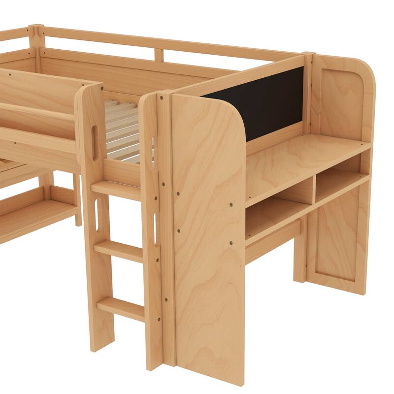 Full/Twin Size Loft Bed with Built-in Desk, Multi-Storage Bookcases & Blackboard, Solid Wood Low Loft Bed Frame