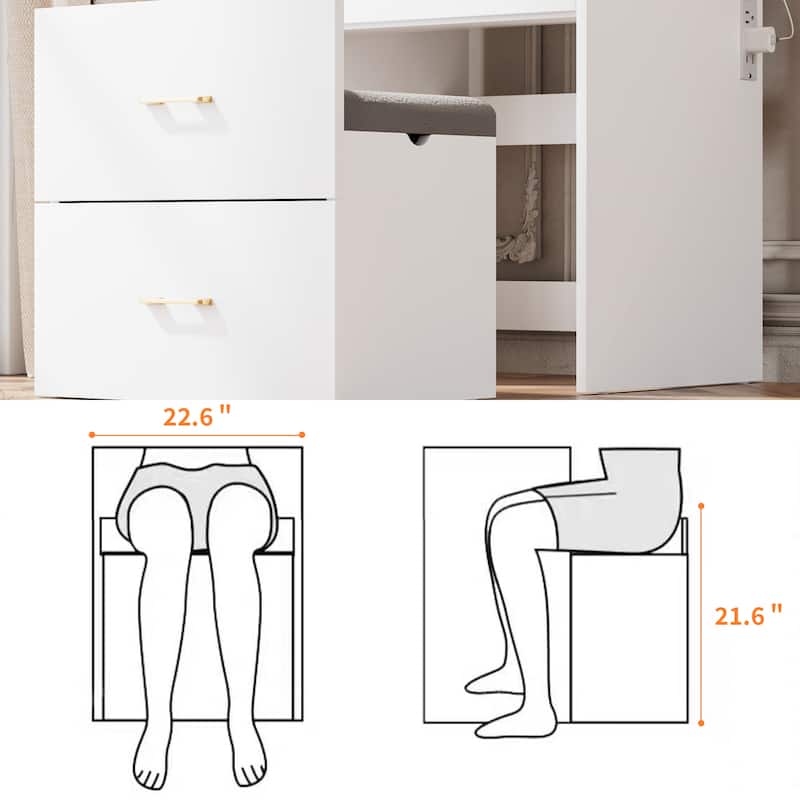 3 in 1 Vanity Desk with Flip Mirror, Glass Top Makeup Table with Charging Station, 3 Drawers & Stool for Bedroom