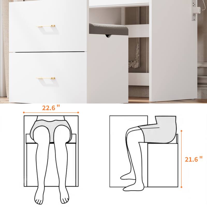Compact Make-up Vanity Set with Visible Glass Desktop & Mirror, 3 in 1 Dressing Table Desk with Stool & Charging Station