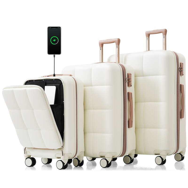 Merax Suitcases 3 Piece ABS Hardshell Front-Opening Luggage Sets with USB Port and Spinner Wheels & Cup Holder, for Men Women - White