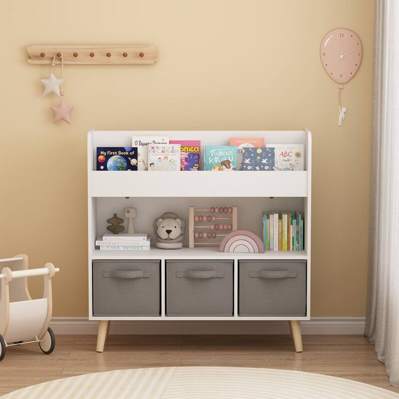 Kids Bookshelf with 3 Fabric Bins, Modern Children's Bookcase with Storage for Toys and Books
