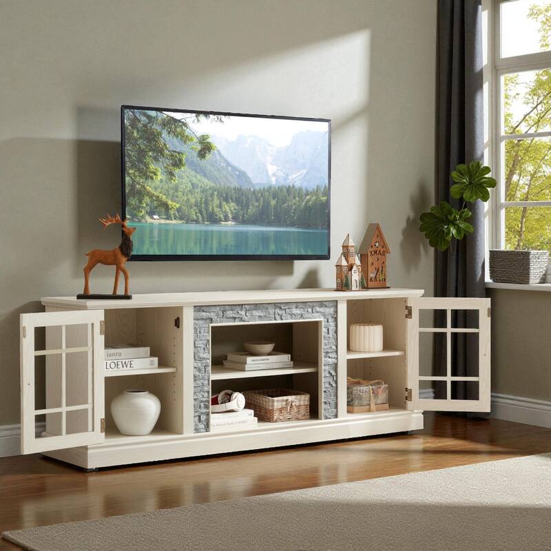 70'' Modern TV Stand for 75'' TV, Faux Stone Media Console with Cabinets, Cable Management & Adjustable Shelves