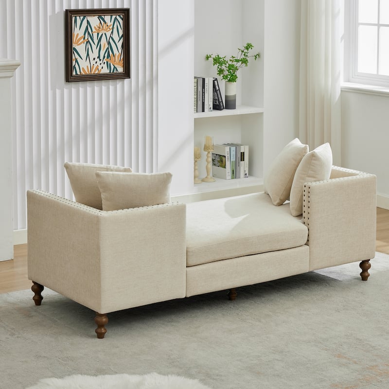 75.2"W Upholstered Chaise Lounge with Nailheads,Sleeper Sofa Couch With 4 Throw Pillows&2 Bolsters,Daybed with Rubberwood Legs