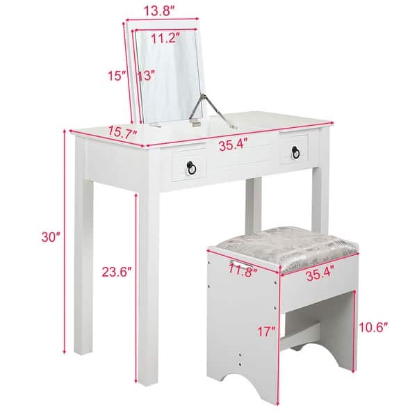 Makeup Dressing Table with 2 Drawers, 3 Storage Organizers White Bed